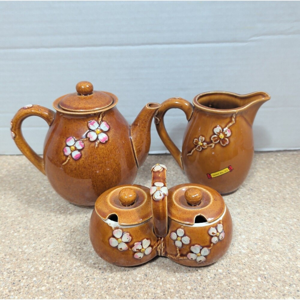 Mid Century Japan Ceramic Tea Coffee Set Raised Dogwood Flower  Creamer Caddy